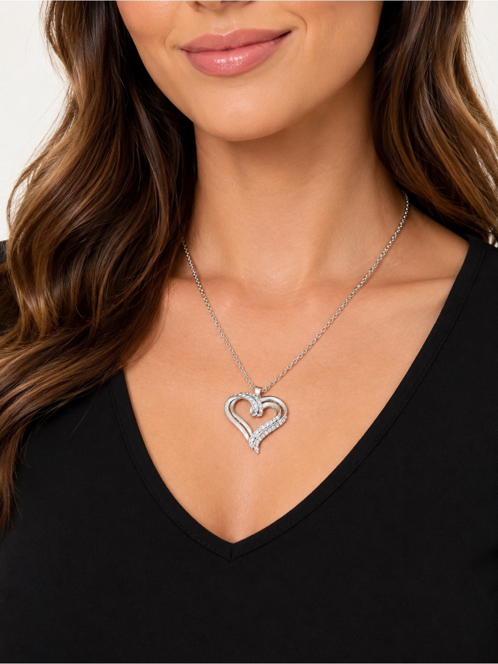 Valentine Abstract Heart Necklace Silver Tone Clear Rhinestone Pave Pendant